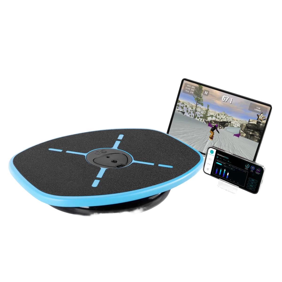 The GoBalance Sport board, the game running on a tablet and the workout stats on a phone beside it